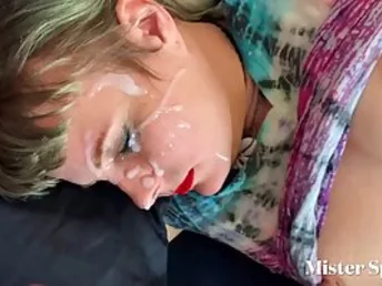 Plump blonde got a facial cumshot pop-shot while sleeping and didn't even wake up to taste jizz