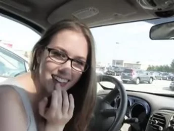 College girl in glasses gets deepthroat blowjob a big hard-on by bf's to facial in car.