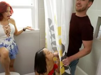Kyle Mason has an idea for how to get some from his steaming stepsister. He cuts a fuck-hole in the shower curtain, then steps behind it and waits for Alexis Tae to come in and use the wc. When Alexis flashes up, Kyle catapults his firm meatpipe thru the 
