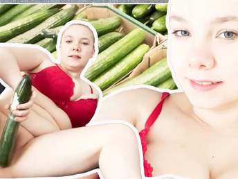 Watch this red-hot teeny get her taut labia screwed by a hefty cucumber!