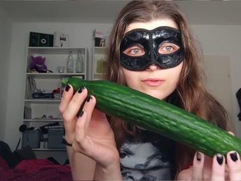 See this ultra-kinky teeny's first-ever time with a cucumber and her puny cakes!