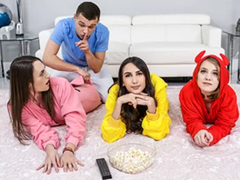 Natalia Nix is excited to have her two besties Dani Damzel and Dakota Burns over for a movie night slumber party, so they get their onesies on, their popcorn ready and lay in the living room to observe a movie. Tiny did they know that Natalia’s step
