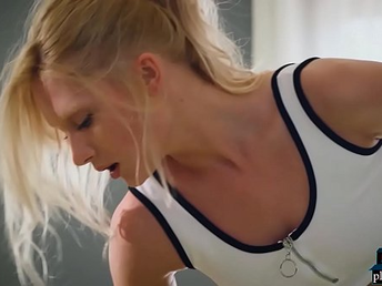 Tight light-haired teen Gerda Rubia working out at her home