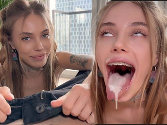 BunnyRabbits schoolgirl forcefully swallows every drop be expeditious for will not hear of man's cum